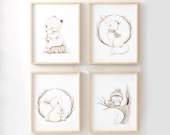 May include: Set of four watercolor illustrations featuring a bear, fox, rabbit, and owl, each with a baby animal. The illustrations are in a minimalist style with brown and white colors.