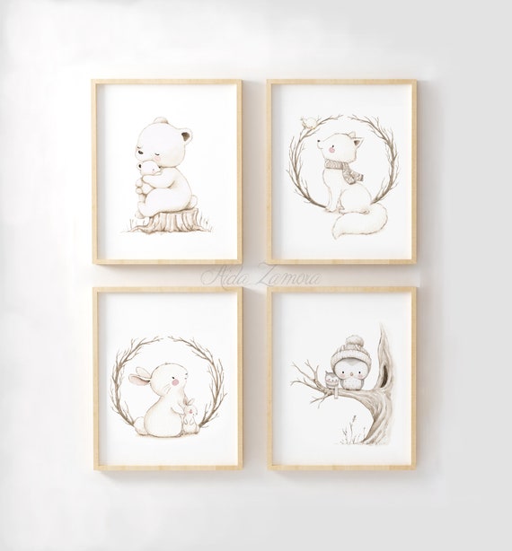 Conjunto de CUATRO Láminas ANIMALES POLARES Láminas infantiles, cuadros  Infantiles, animales polares, láminas tonos neutros, Aida Zamora -   México