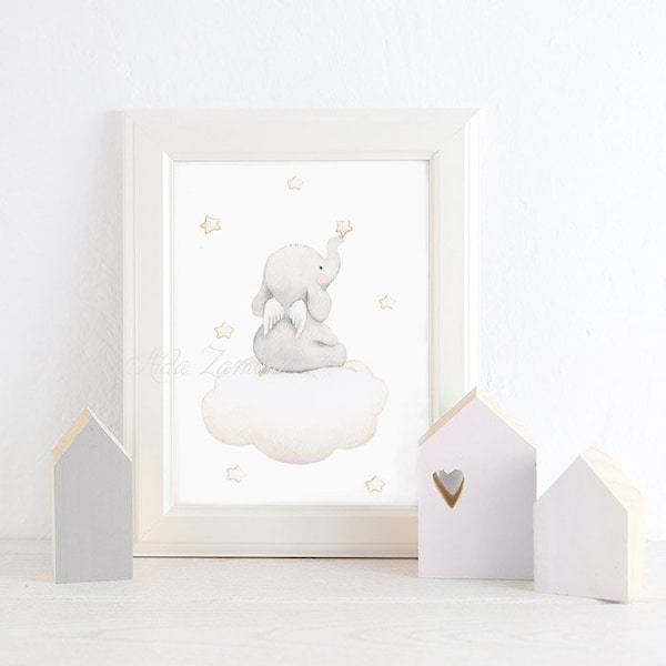 Nursery Art "ELEPHANT with WINGS Cloud" Nursery wall art, Nursery Elephant Print, Elephant art, Pastel colors prints, Baby elephant wall art