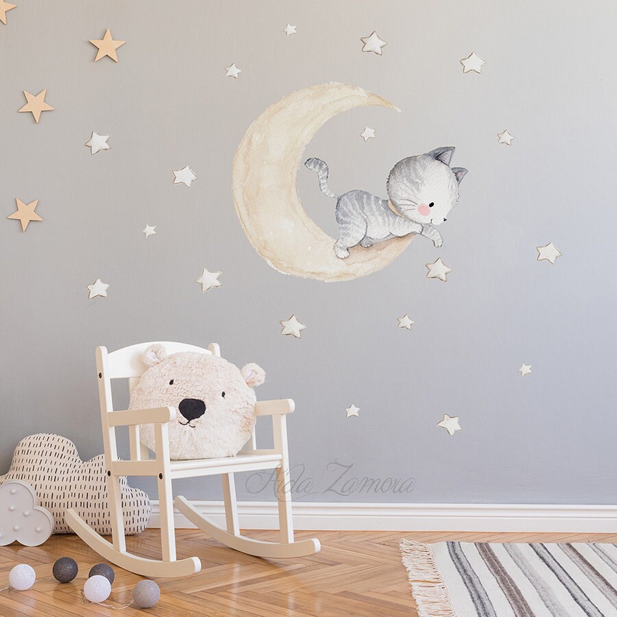 Moon Couple Cat Pattern Luminous Wall Stickers Stars And Dots