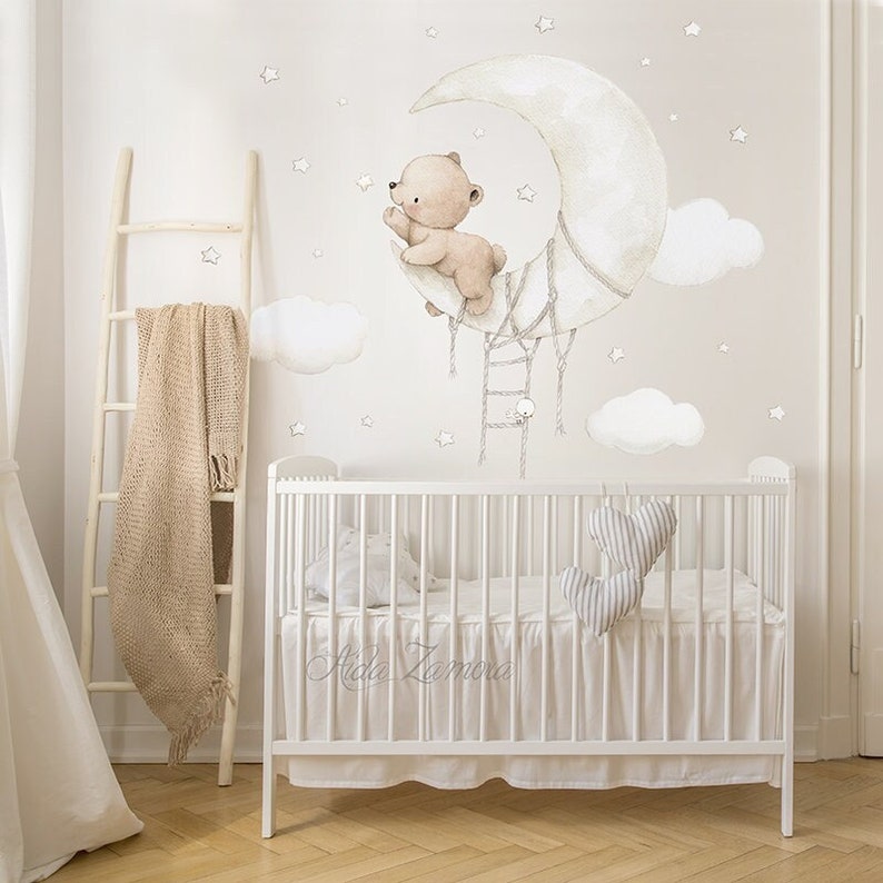 Fabric Wall Decal BEAR on MOON Nursery Wall Decal Etsy