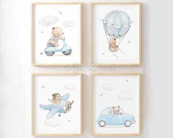SET of Four Nursery Art, TRANSPORTATION BEARS, Nursery wall art, Travel Nursery, Boy nursery prints, Hot air Balloon wall art, Vehicle art.