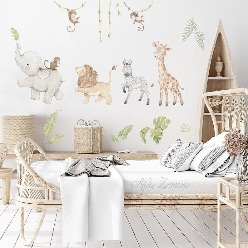 Reusable Fabric Wall Decal, SAFARI ANIMALS, Nursery wall decal, Watercolor decal, Safari Nursery sticker, African animals wall decal. image 3