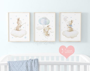 SET of three Nursery Art "LOVELY BUNNIES" Archival Print, Nursery wall art, Bunnies nursery prints, Bunny wall art, watercolor bunny art