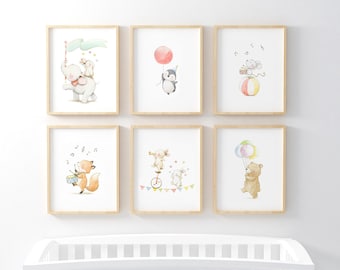 SET of six Watercolor, ANIMAL PARADE, Circus animals prints, Parade nursery decor, Zoo animal nursery art, Animal parade Art, Aida Zamora