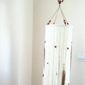 White Boho Baby Nursery Crib Mobile – Macramé Yarn with Wooden Beads & Natural Feathers