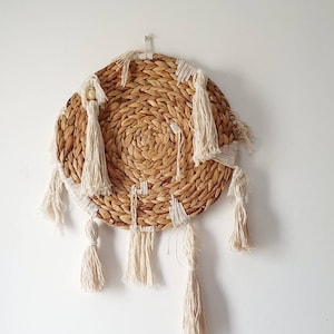 Boho centrepiece, rattan placemat, Scandinavian style, tassels decor
