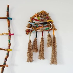 Jute wall hanging, modern bohemian, vintage style wood wall art, rope knot