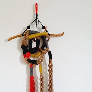 Rustic boho yarn wrapped rope knot wall hanging, modern bohemian macrame