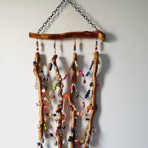Stick art, beaded sun catcher, nature inspired hanging beads, sparkling mobile, bohemian decor