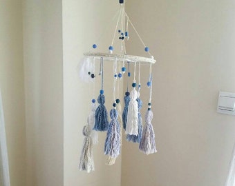 Baby boy nursery mobile, navy blue baptism gift boy, dreamcatcher mobile, tassel chandelier