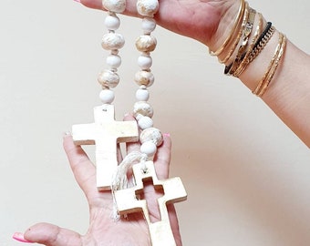 Rustic Farmhouse Bead Garland: Neutral Boho Home Decor, Religious Gift for Mantel & Tiered Tray
