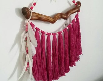 Hot pink tassels boho garland for baby girl nursery decor, tassel wall hanging