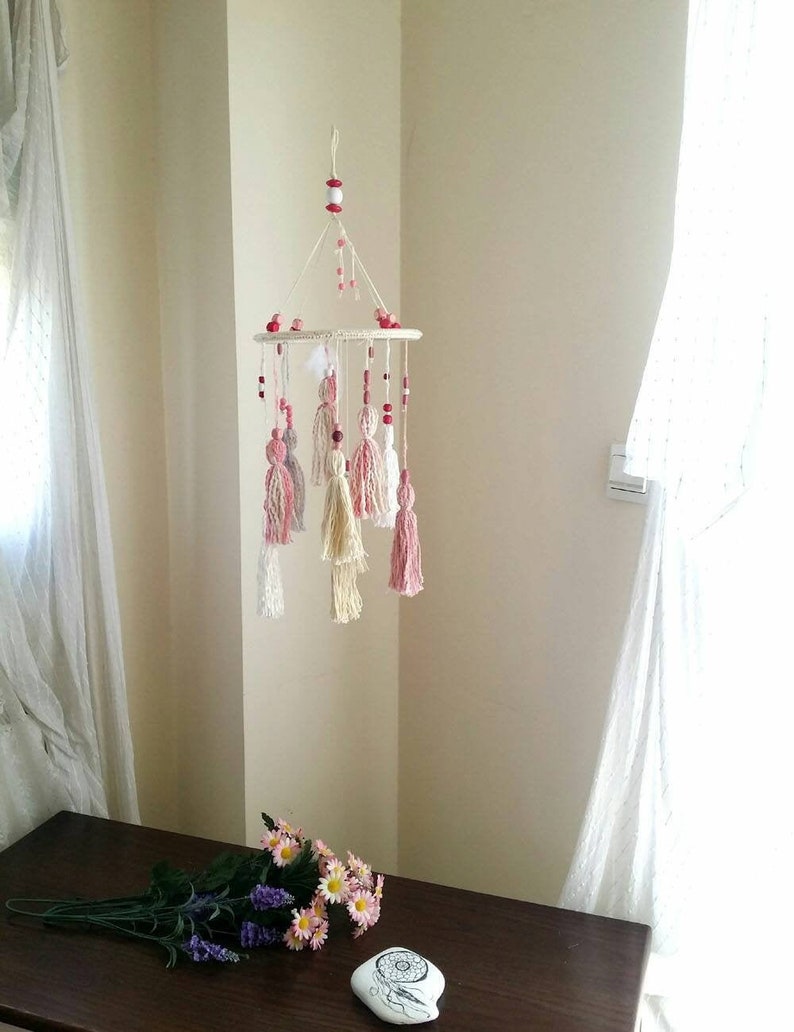 gift for baby Nursery mobile chandelier pink tassels bohemian baby decor