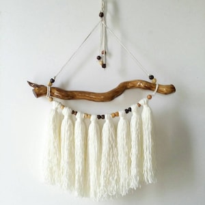 Modern bohemian yarn tapestry, cream boho decor for neutral nursery