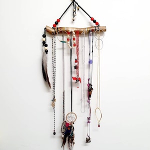 Boho jewelry hanger, rustic wood necklace holder, sister gift