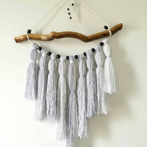 Neutral wall tapestry yarn wall hanging, boho nursery decor in white and gray