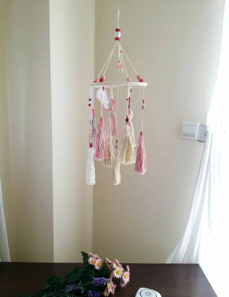 gift for baby Nursery mobile chandelier pink tassels bohemian baby decor