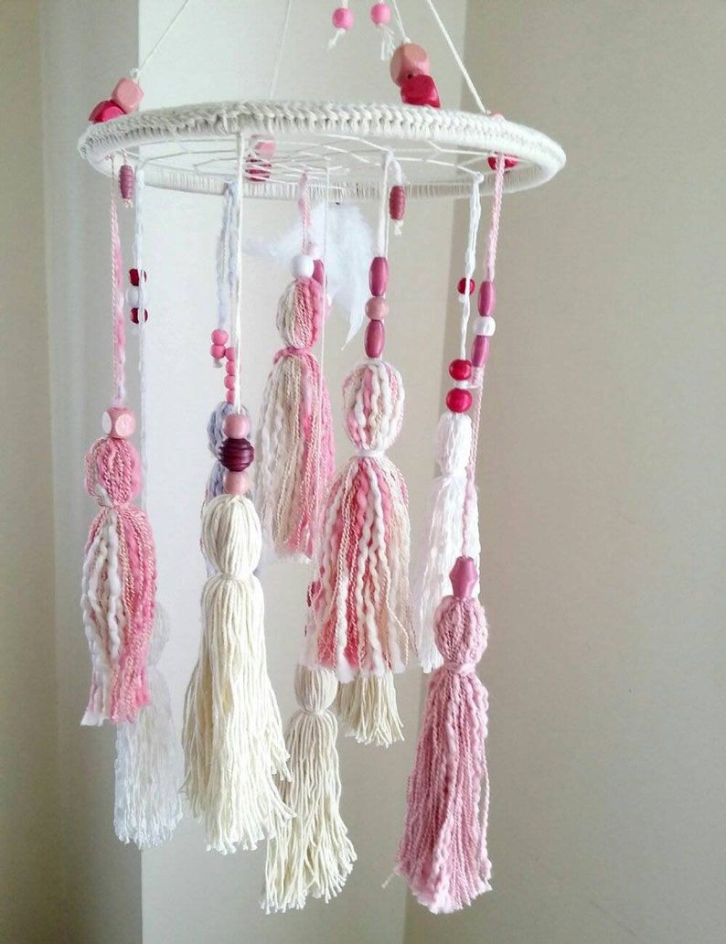 gift for baby Nursery mobile chandelier pink tassels bohemian baby decor