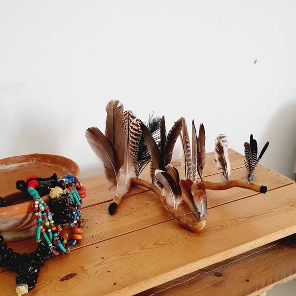 Boho set, table centerpiece, office decor, gift for him, wooden holder, feathers display