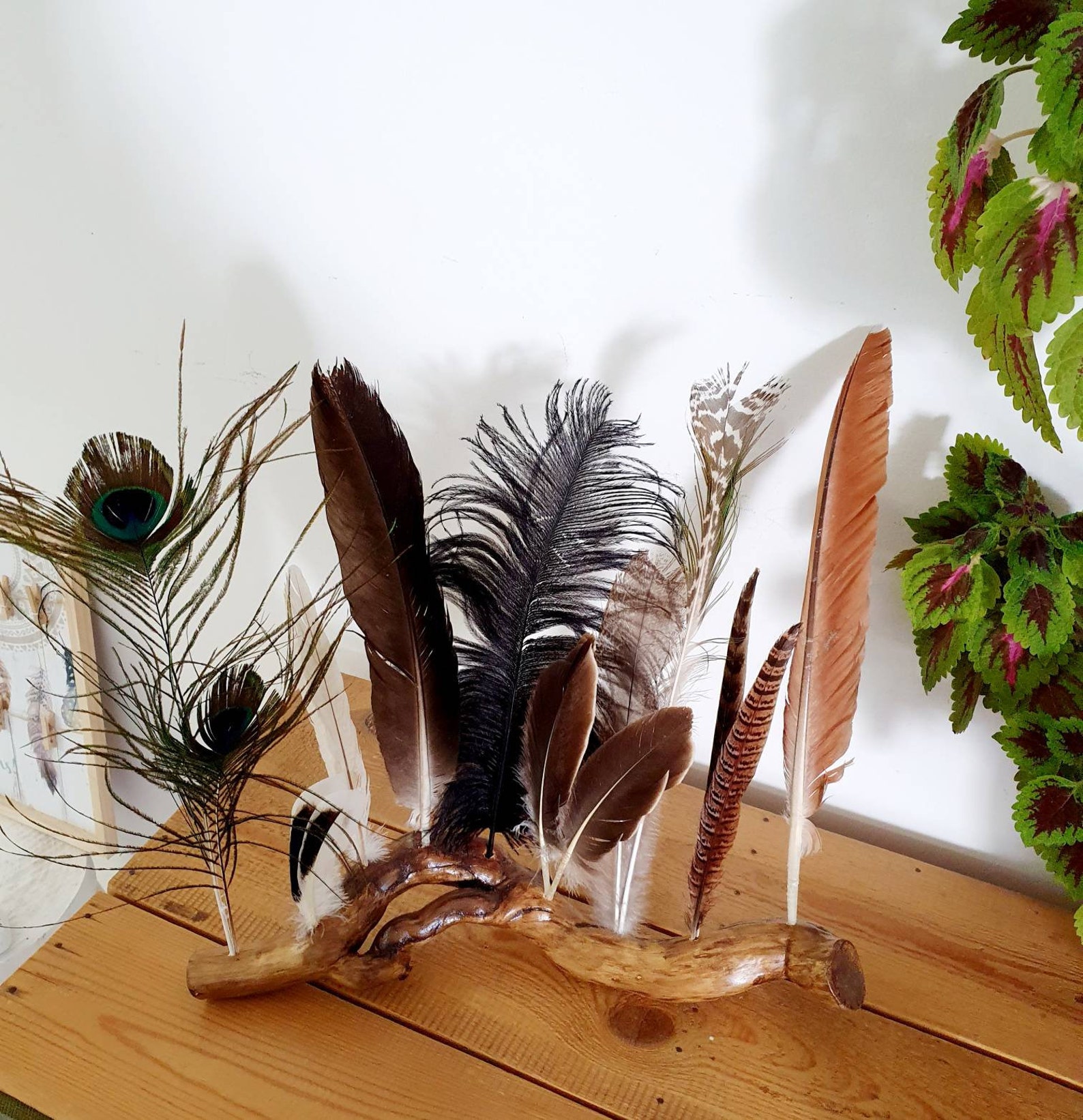 Boho centerpiece feather display natural wood stand holder Etsy
