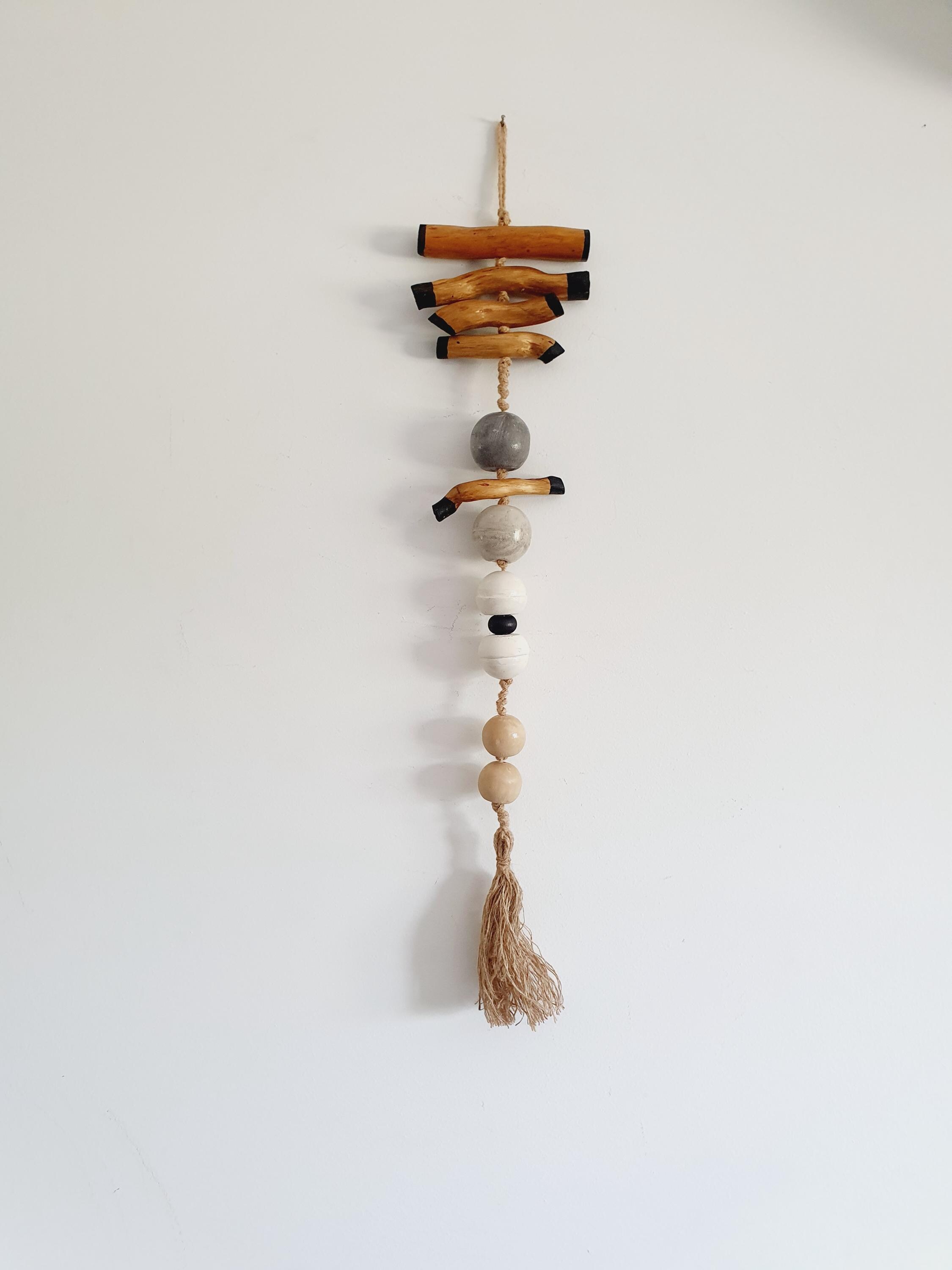 Rustic Tribal Wall Hanging, Wooden Ceramic Totem with Beaded Amulet Garland - Boho Home Decor