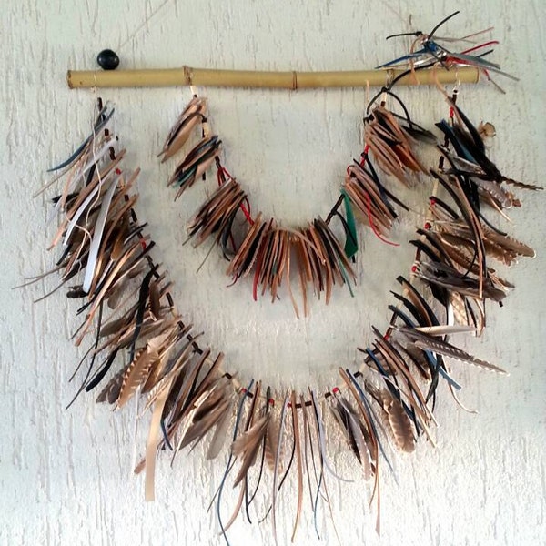 Bohemian décor or gypsy décor, feather mobile, boho, Native American, gypsy chic, recycle leather décor, leather wall art, leather garland