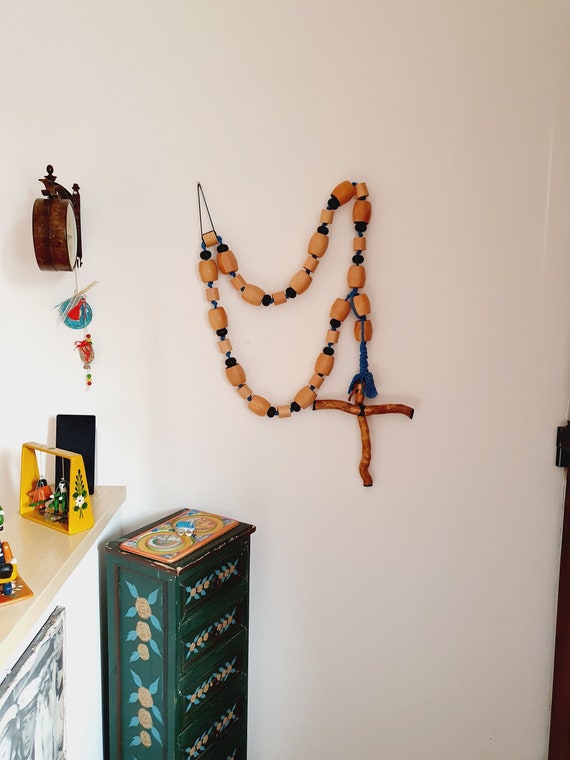 Rosario Grande De Madera Para Colgar En La Pared - Cuentas De 20 Mm Y Cruz De 8x14 Cm, Decoración Religiosa Católica