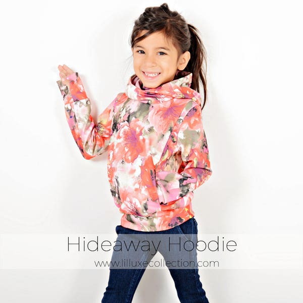 Hideaway hoodie modern unisex pdf sewing pattern hidden pocket, thumbholes