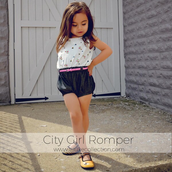 City Girl Romper modern pdf sewing pattern with sunsuit, cuffed shorts, trouser options. bonus swing top pattern and romper separates