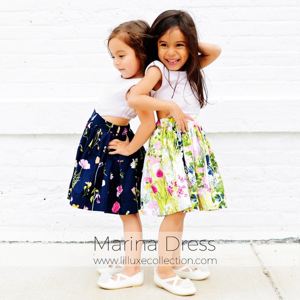 Marina Dress pdf pattern knit bodice woven skirt combination dress with full skirt and pockets