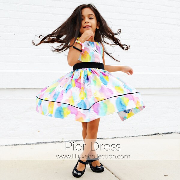 Pier dress pdf pattern side triangle cut out party dress with full skirt pockets and hem band