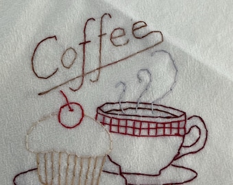 Hand embroidered “Coffee” themed 100% cotton flour sack dishtowel