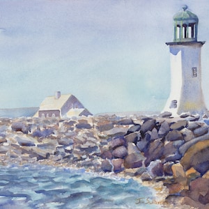 May include: A watercolor painting of a white lighthouse with a green roof, standing on a rocky shore. A smaller white building with a brown roof is visible in the background. The water is a light blue color and the sky is a pale blue.