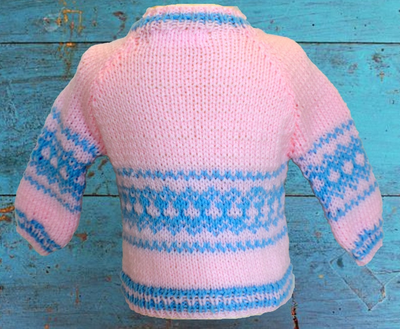 Hand Knit Fair Isle Sweater in White or Pink Size 6 to 12 months