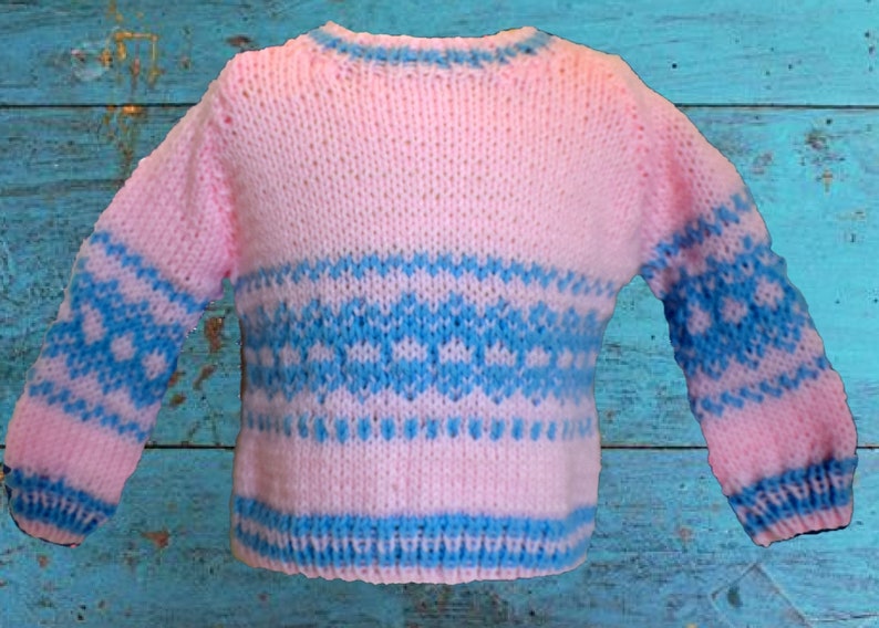 Hand Knit Fair Isle Sweater in White or Pink Size 6 to 12 months