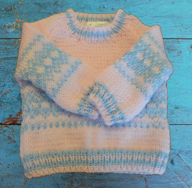Hand Knit Fair Isle Sweater in White or Pink Size 6 to 12 months