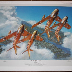 May include: A vintage print of five orange and white fighter jets flying in formation against a blue sky with white clouds. The print is titled "In the Golden Age" and signed by the artist, Ron Williamson.