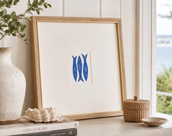 Three Fish, Original Linocut Block Print Fish Art 5x7