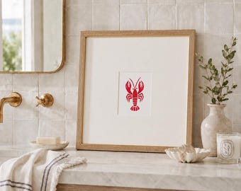 Lobster Original Linocut Block Print Coastal Art 5x7
