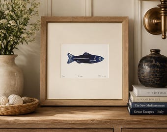 Fish, Original Linocut Block Print Fish Art 5x7