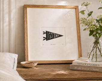 Go Team Pennant Linocut Print, Original Hand-Printed Block Art