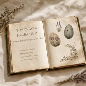 Puede incluir: Un libro abierto titulado THE OSTARA HERBARIUM con texto que detalla 98 elementos botánicos, 12 páginas imprimibles y recursos PNG transparentes. La página derecha muestra ilustraciones de dos huevos decorados y un arreglo floral.