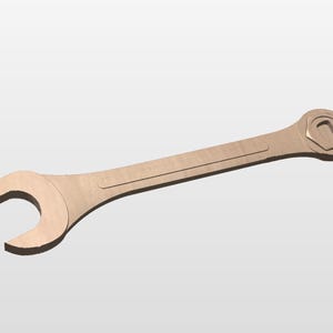 May include: A light brown wrench with a curved open end and a hexagonal head. The wrench has a long, slender handle with a raised central ridge. The tool is designed for tightening or loosening nuts and bolts.