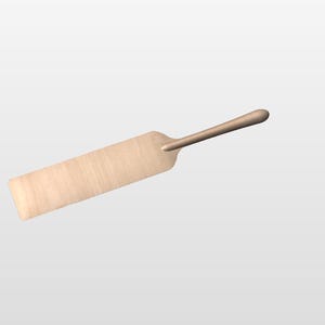 May include: A light-colored wooden spatula with a long, rounded handle and a rectangular blade. The spatula is made of a light-colored wood and is designed for cooking and baking.