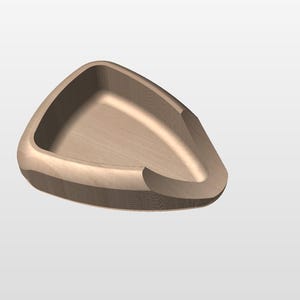 May include: A light brown, wooden-textured, triangular-shaped tray with rounded edges and a curved cutout on one side. The tray has a smooth interior and a slightly raised rim.