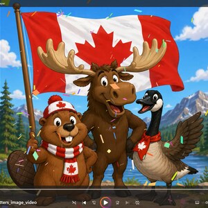May include: A cartoon illustration featuring a beaver wearing a red and white hat and scarf, a moose, and a Canada goose wearing a red scarf, all standing in front of a large Canadian flag with colorful confetti falling against a mountain backdrop.
