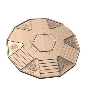 May include: A wooden octagonal game board with a central star shape and decorative designs around the edges.