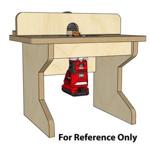 Puede incluir: Una mesa de enrutador de madera con un enrutador inalámbrico rojo y negro colgando debajo. La mesa tiene una tapa y patas de madera. El enrutador está unido a la mesa con un soporte. El texto "For Reference Only" está impreso debajo de la mesa.