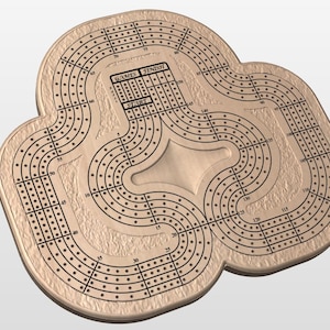 Peut inclure: Un plateau de jeu de cribbage en bois avec une teinte brune. Le plateau a une forme unique avec deux côtés arrondis et une section centrale. Le plateau a une piste avec des espaces numérotés pour jouer au cribbage. Le plateau a également une zone de pointage avec les mots "GAMES" et "FINISH" imprimés dessus.